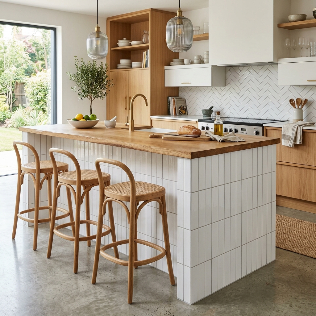 Modern white tiled kitchen backsplash and matching tiled kitchen island sides