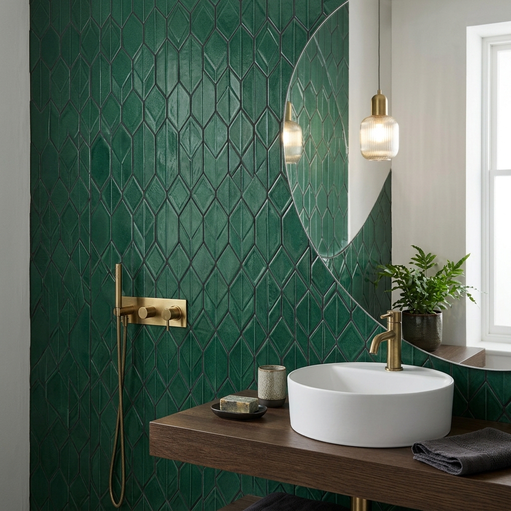 Clean white geometric wall tiling in a modern bathroom wetroom in progress